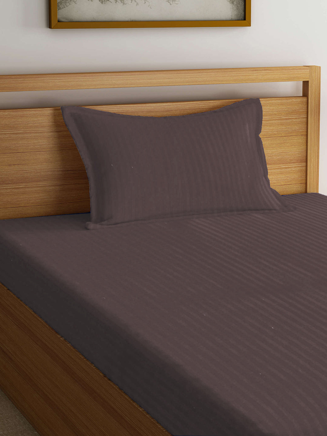 Arrabi Brown Stripes TC Cotton Blend Single Size Fitted Bedsheet with 1 Pillow Cover (220 X 150 cm)