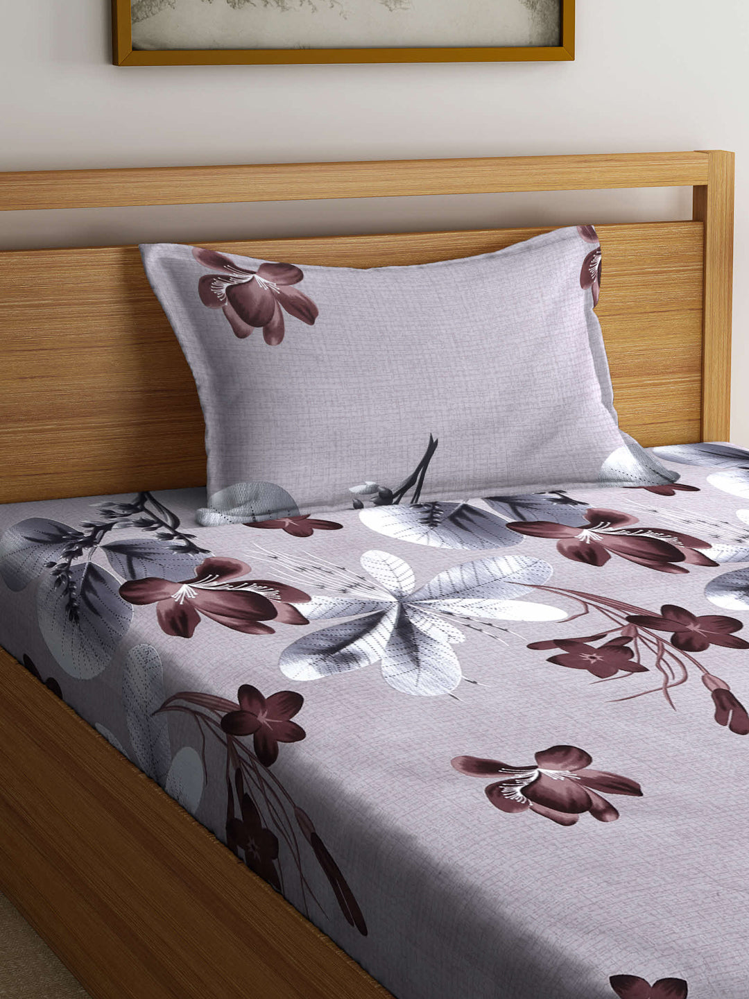 Arrabi Brown Floral TC Cotton Blend Single Size Bedsheet with 1 Pillow Cover ( 220 X 150 cm)