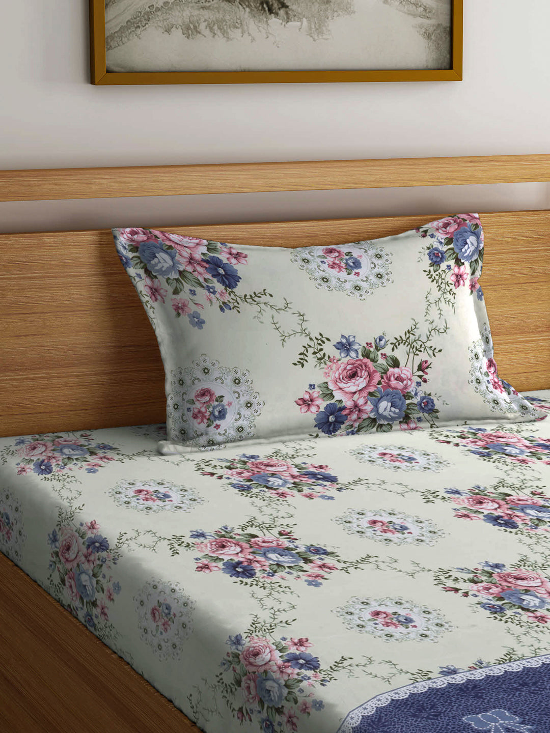 Arrabi Multi Floral TC Cotton Blend Single Size Fitted Bedsheet with 1 Pillow Cover (220 X 150 cm)