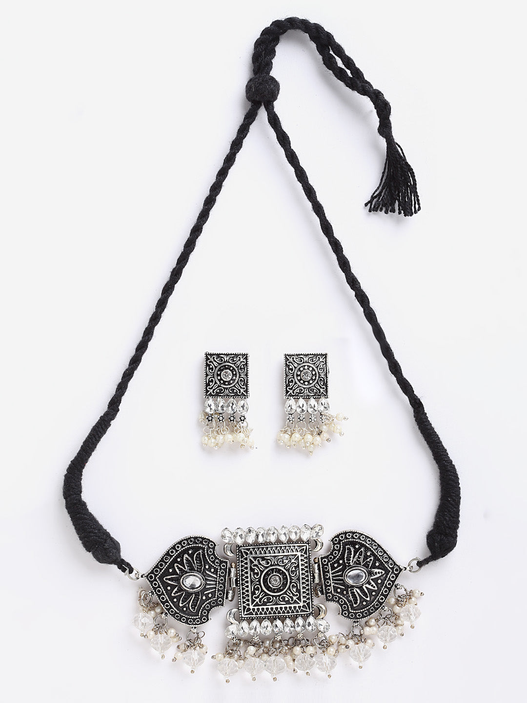 Arrabi Metallic Oxidised Jewellery Set with 2 Earrings (40 cm)