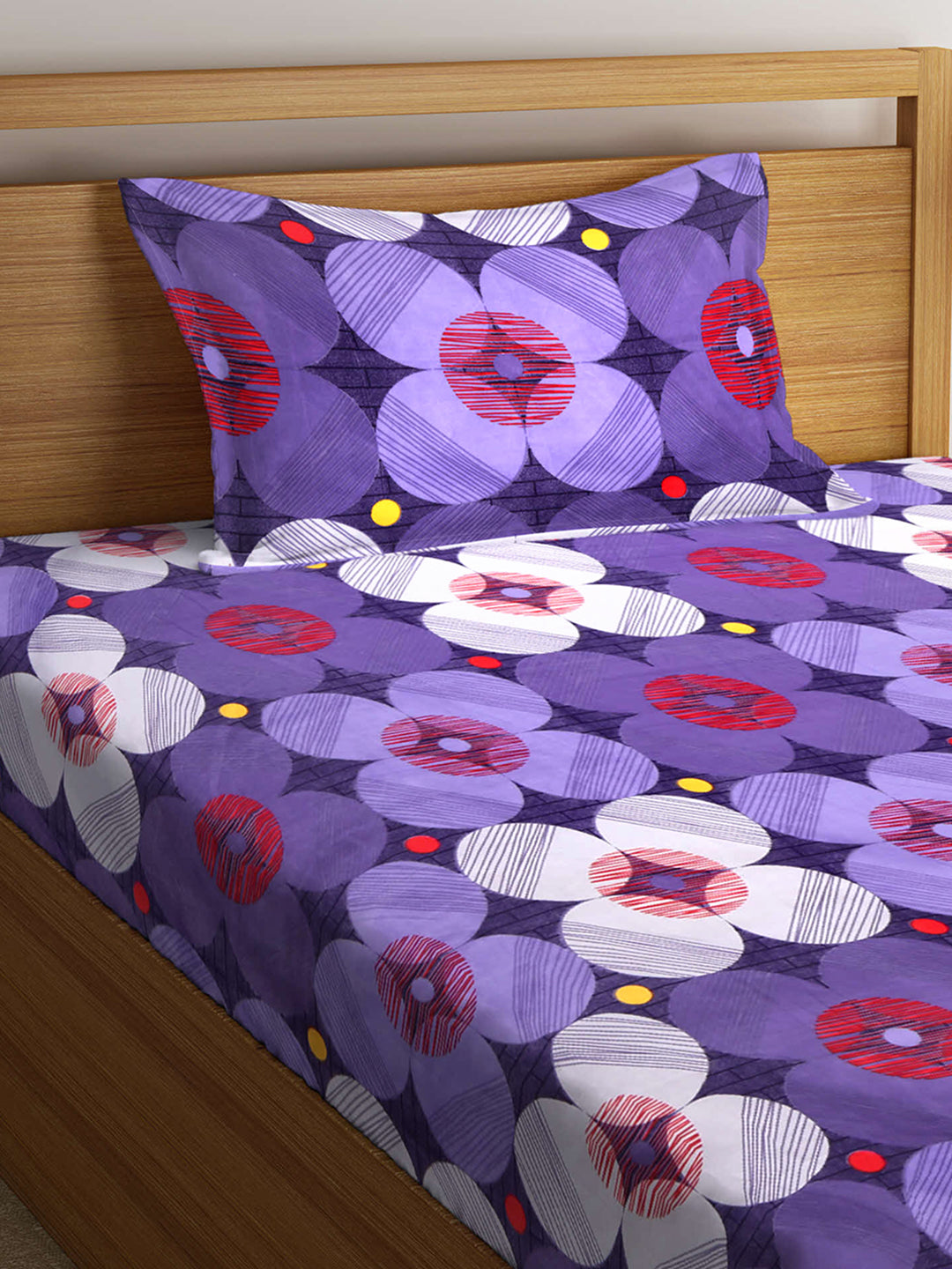 Arrabi Blue Geometric TC Cotton Blend Single Size Fitted Bedsheet with 1 Pillow Cover (220 X 150 cm)
