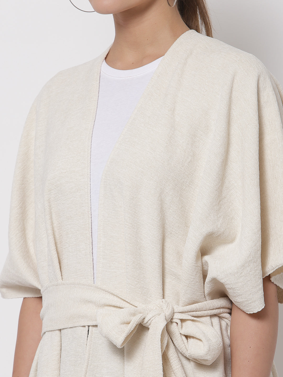 Arrabi Cream Solid Cotton Chenille Full Size Shrug with Belt (160 x 100 cm)
