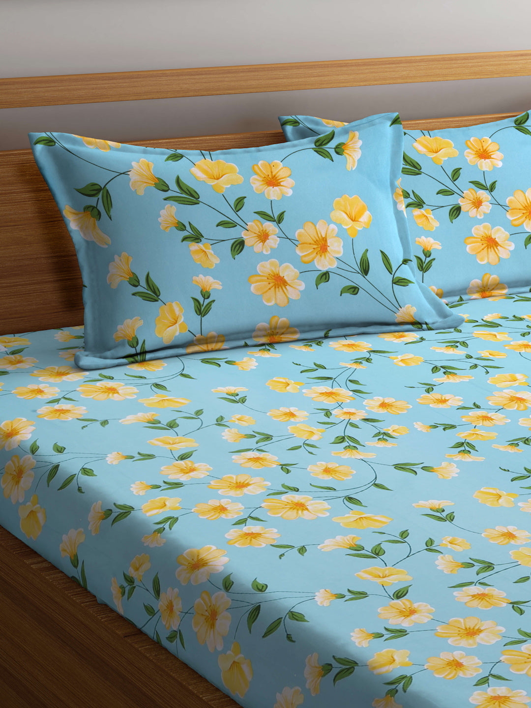Arrabi Teal Floral TC Cotton Blend King Size Bedsheet with 2 Pillow Covers (250 X 215 cm)