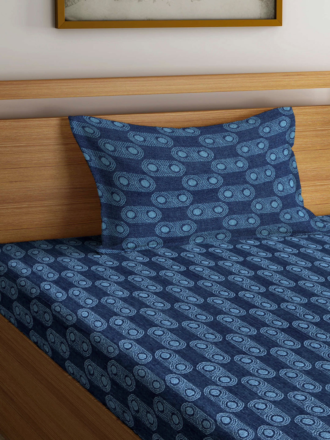 Arrabi Blue Graphic Handwoven Cotton Single Size Bedsheet with 1 Pillow Cover ( 225 X 150 cm)