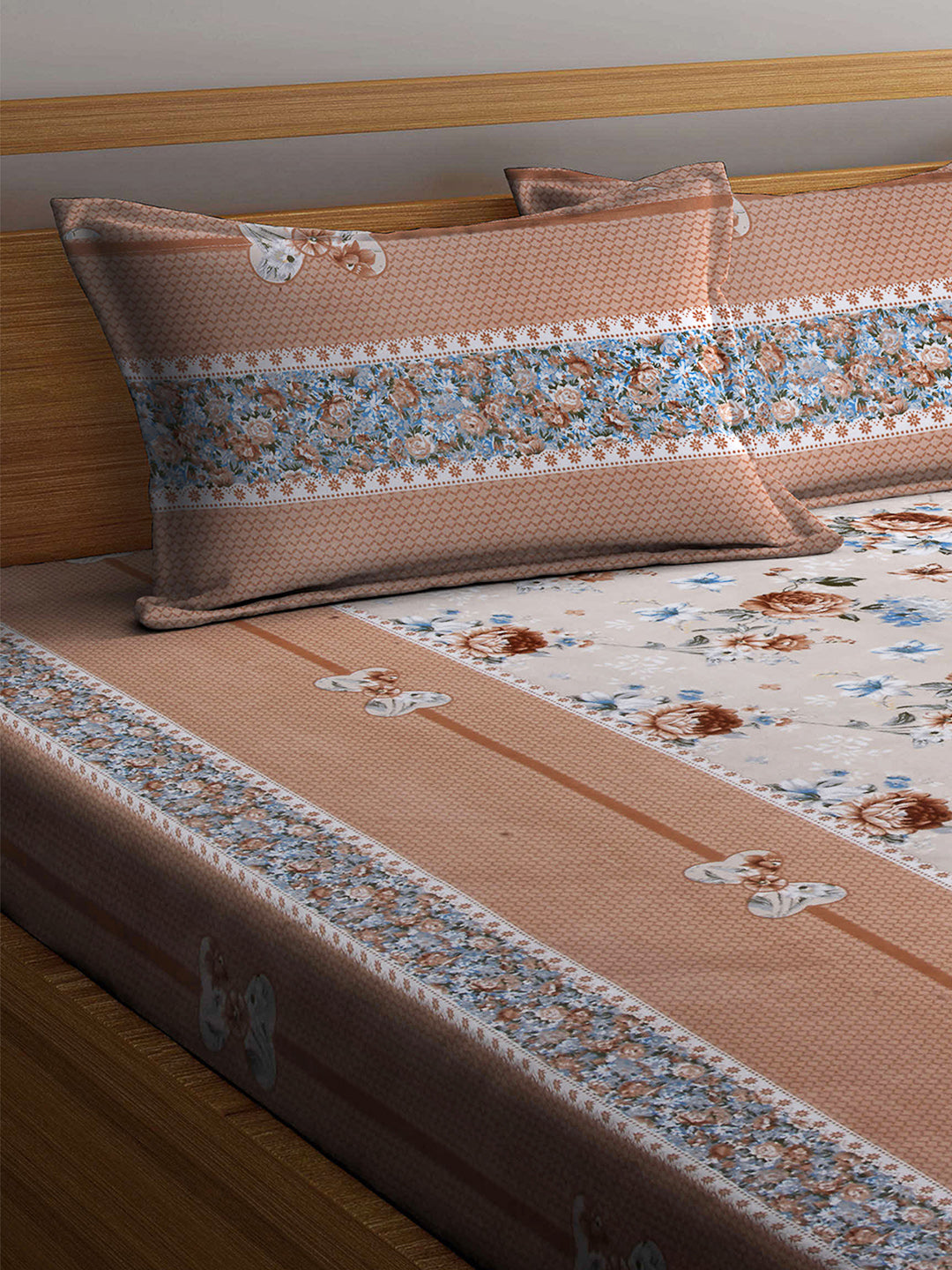 Arrabi Multi Floral TC Cotton Blend Double Size Bedsheet with 2 Pillow Cover