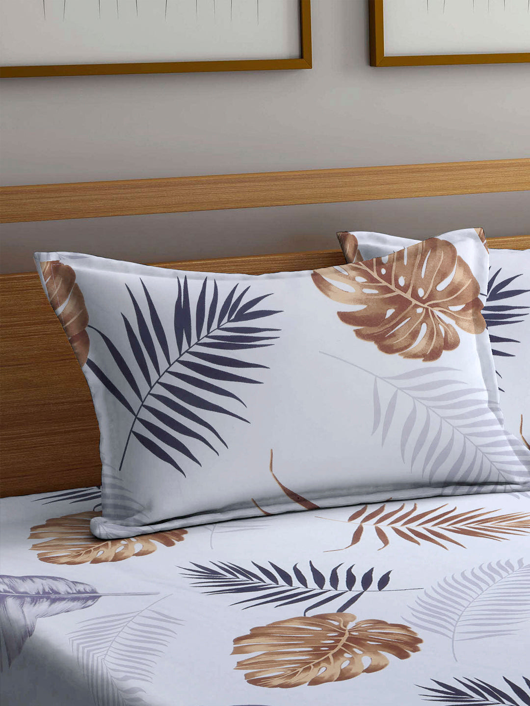 Arrabi White Leaf TC Cotton Blend Double Size Fitted Bedsheet with 2 Pillow Covers (250 X 215 cm)