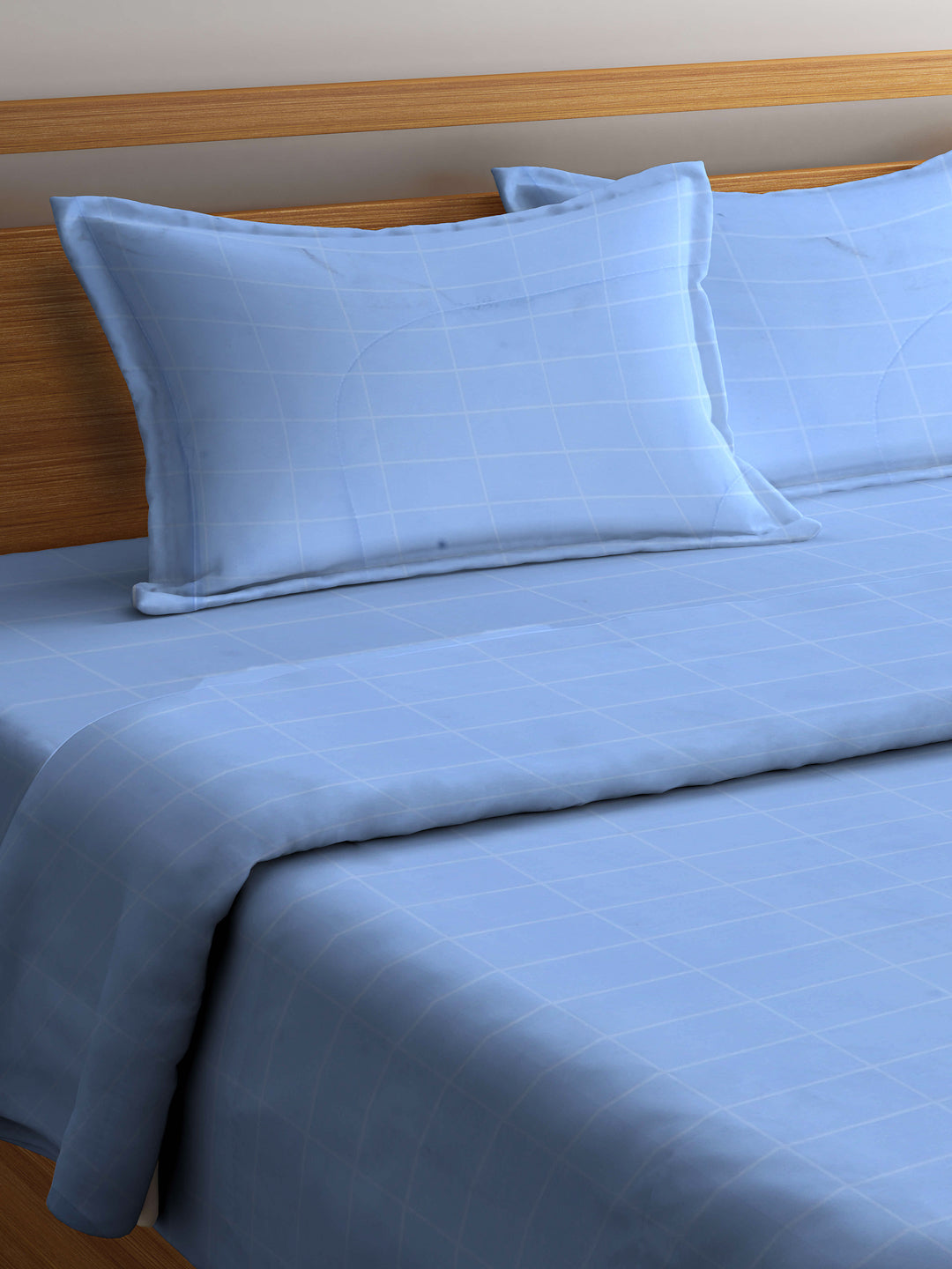 Arrabi Blue Check TC Cotton Blend Double Size Comforter Bedding Set with 2 Pillow Cover