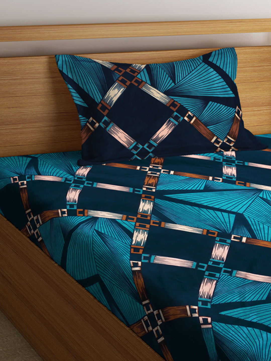 Arrabi Blue Graphic TC Cotton Blend Single Size Fitted Bedsheet with 1 Pillow Cover (220 X 150 cm)