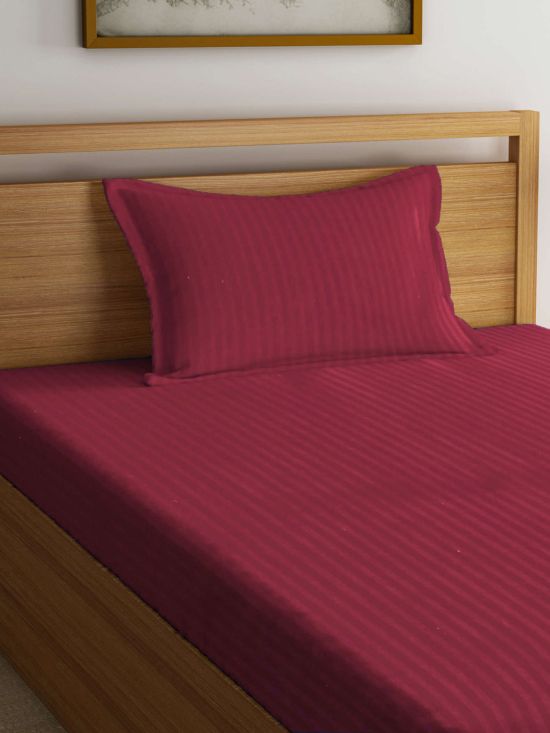 Arrabi Red Stripes TC Cotton Blend Single Size Fitted Bedsheet with 1 Pillow Cover (220 X 150 cm)