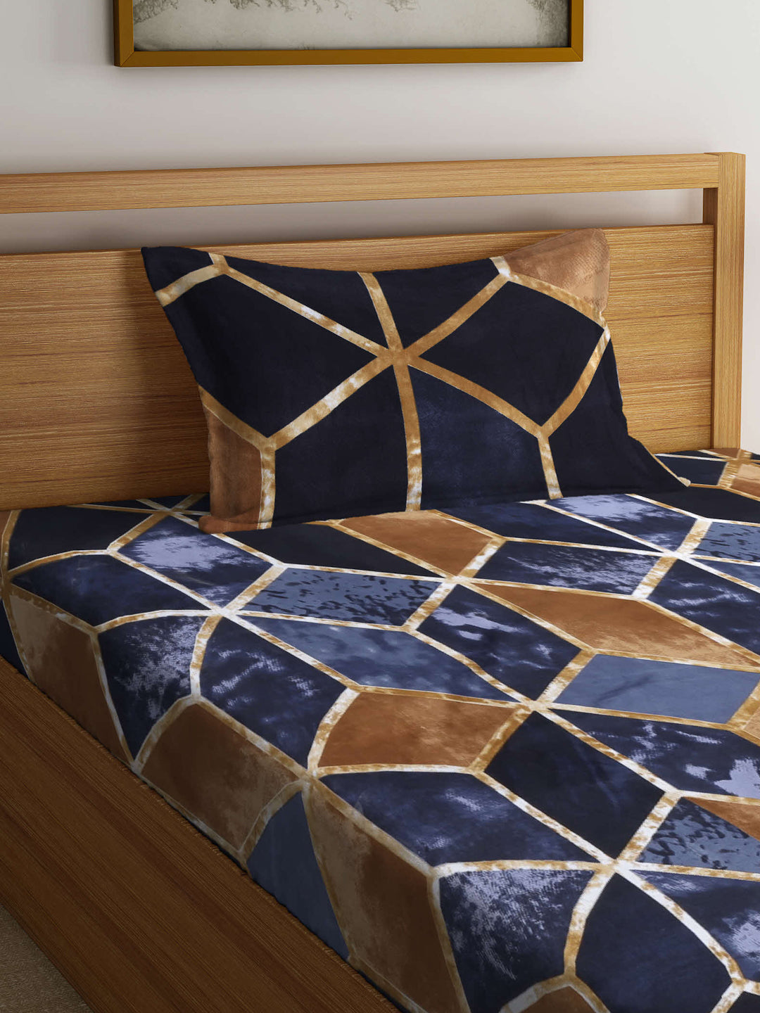 Arrabi Brown Geometric TC Cotton Blend Single Size Fitted Bedsheet with 1 Pillow Cover (220 X 150 cm)