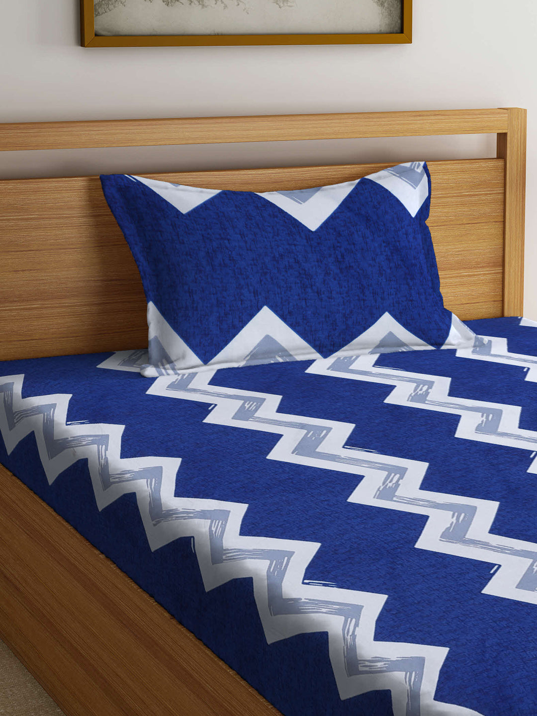Arrabi Blue Graphic TC Cotton Blend Single Size Fitted Bedsheet with 1 Pillow Cover (220 X 150 cm)