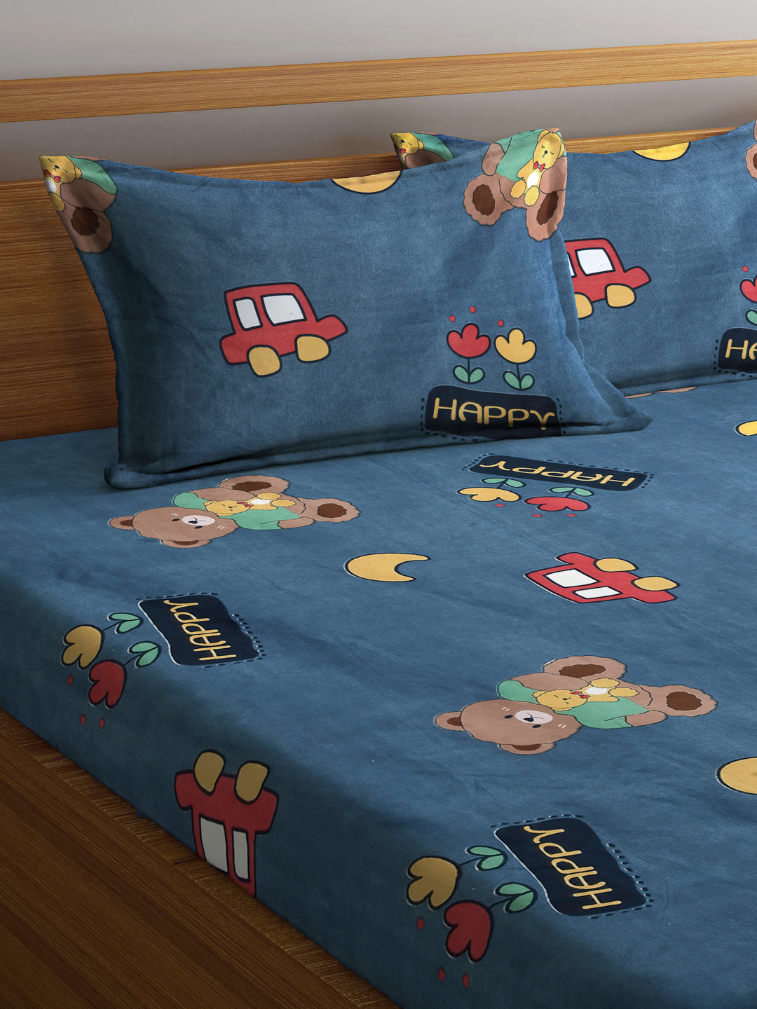 Arrabi Blue Cartoon TC Cotton Blend King Size Fitted Bedsheet with 2 Pillow Covers (250 X 220 Cm )