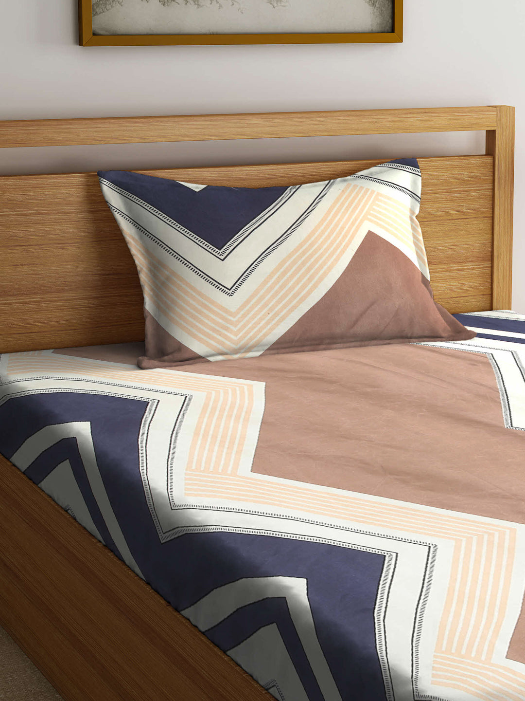 Arrabi Multi Geometric TC Cotton Blend Single Size Fitted Bedsheet with 1 Pillow Cover (220 X 150 cm)
