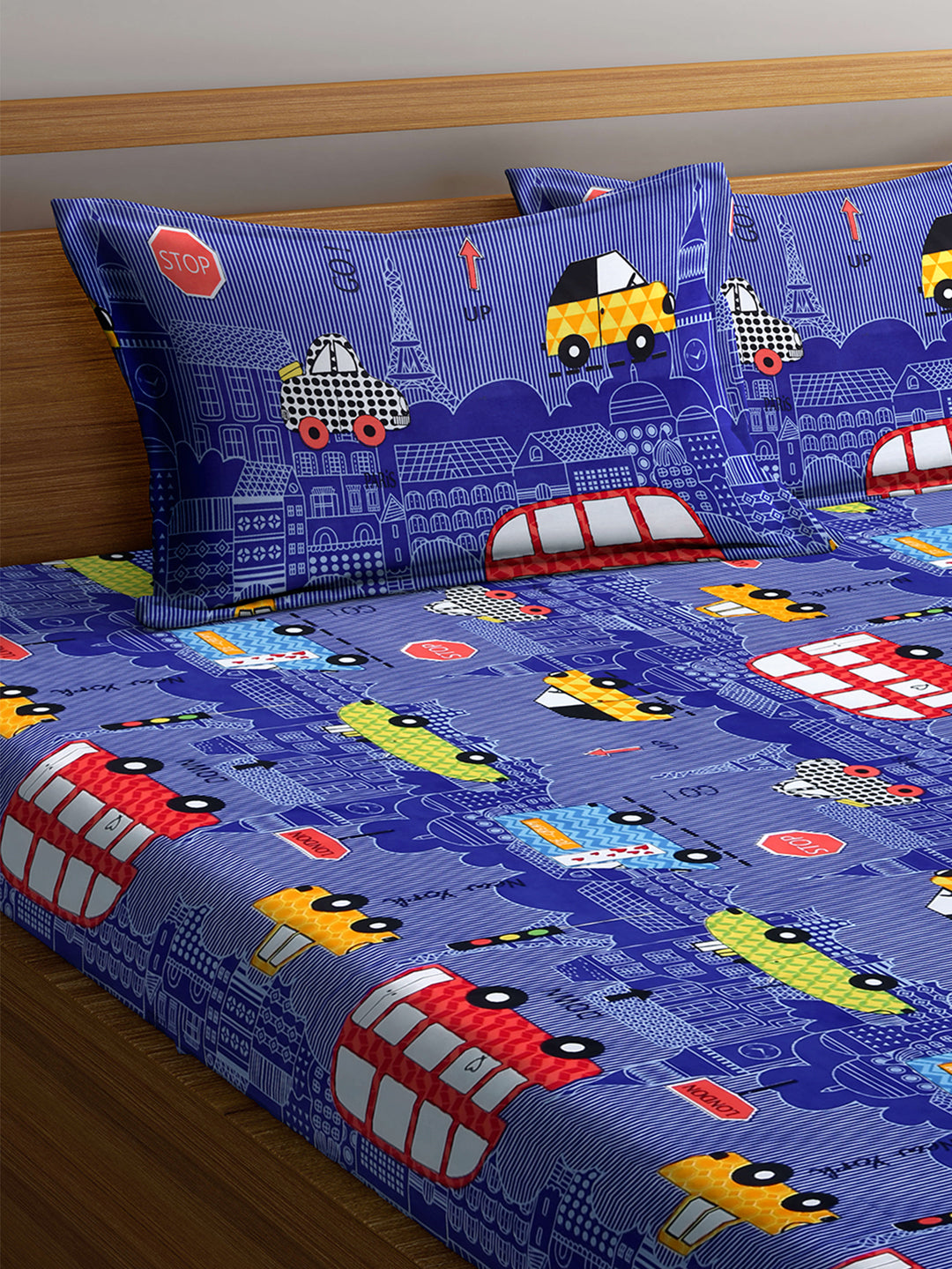 Arrabi Blue Cartoon TC Cotton Blend King Size Fitted Bedsheet with 2 Pillow Covers (250 X 220 Cm )