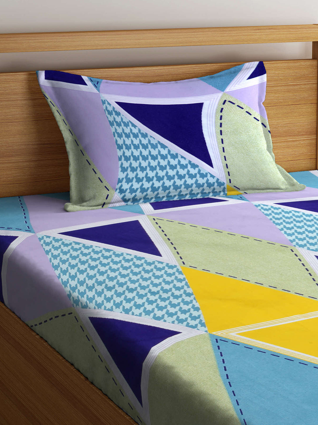 Arrabi Multi Geometric TC Cotton Blend Single Size Fitted Bedsheet with 1 Pillow Cover (220 X 150 cm)
