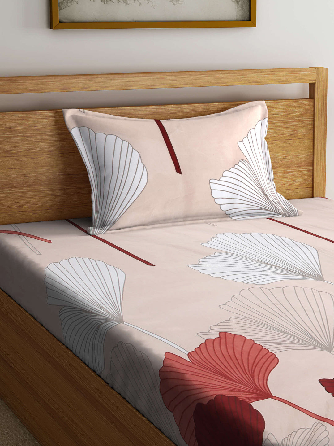 Arrabi Brown Floral TC Cotton Blend Single Size Fitted Bedsheet with 1 Pillow Cover (220 X 150 cm)