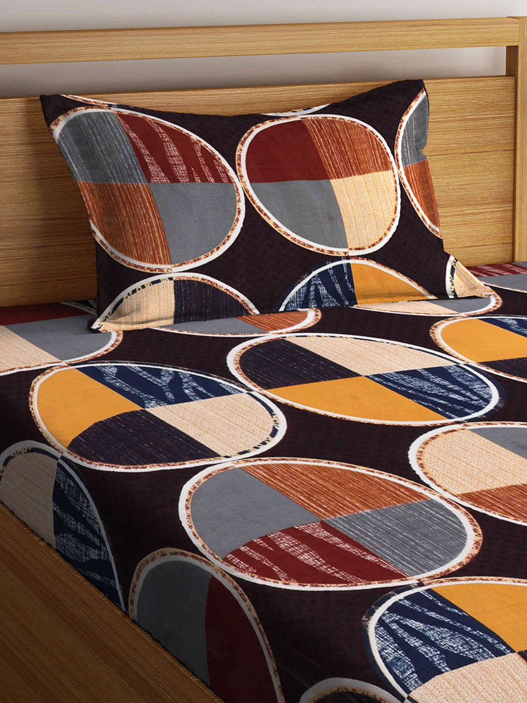 Arrabi Multi Geometric TC Cotton Blend Single Size Fitted Bedsheet with 1 Pillow Cover (220 X 150 cm)