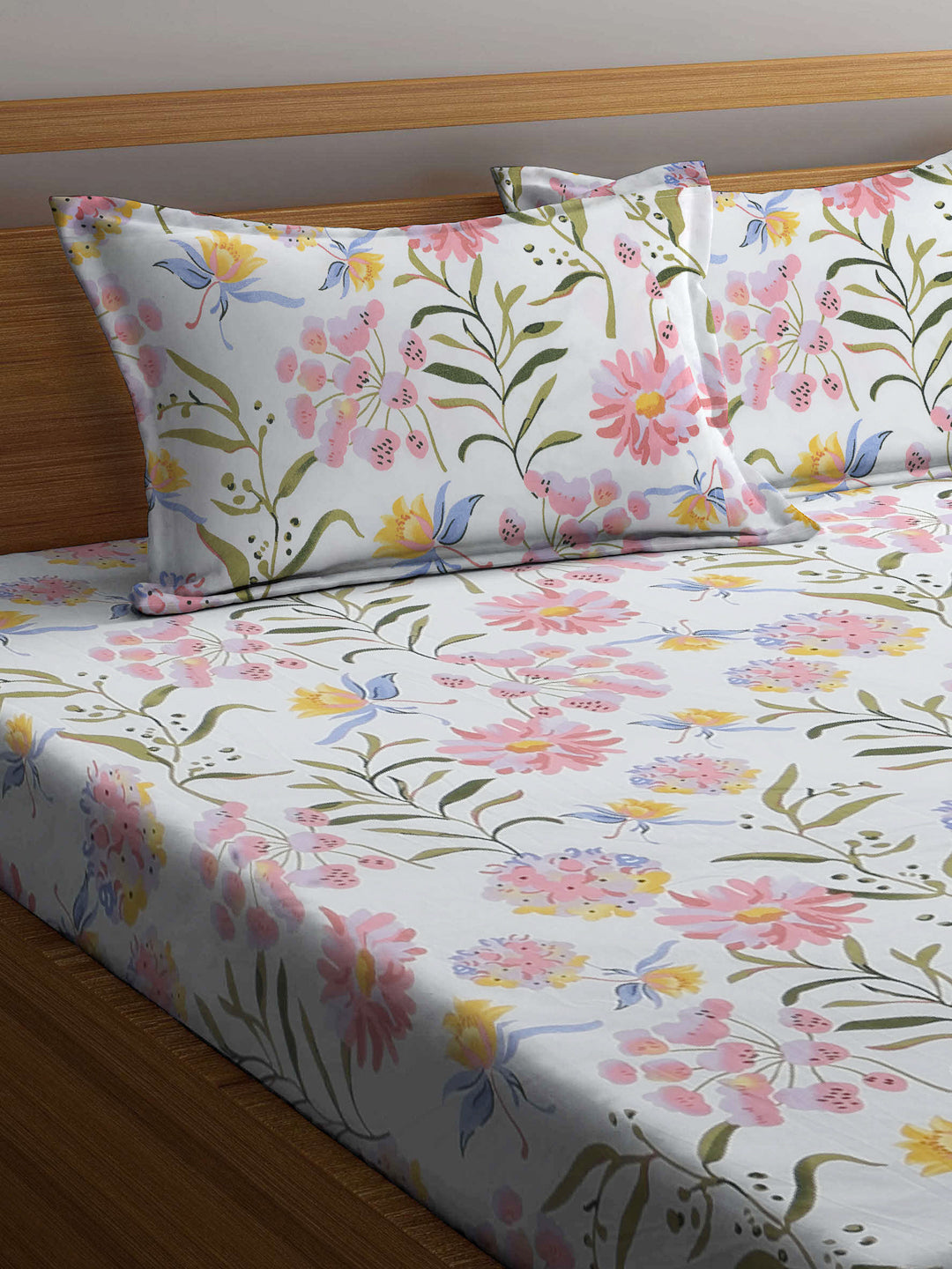 Arrabi White Floral TC Cotton Blend Double King Size Bedsheet with 2 Pillow Covers (270 x 260 cm)