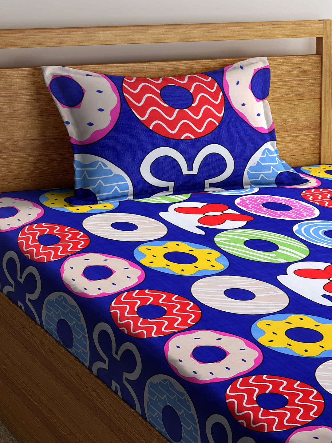 Arrabi Blue Geometric TC Cotton Blend Single Size Fitted Bedsheet with 1 Pillow Cover (220 X 150 cm)