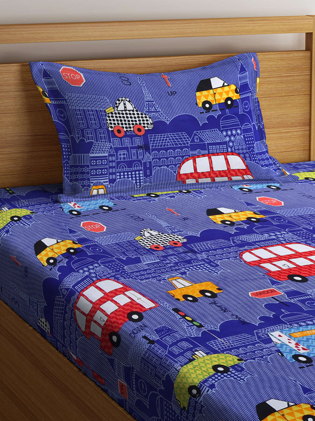Arrabi Blue Geometric TC Cotton Blend Single Size Fitted Bedsheet with 1 Pillow Cover (220 X 150 cm)