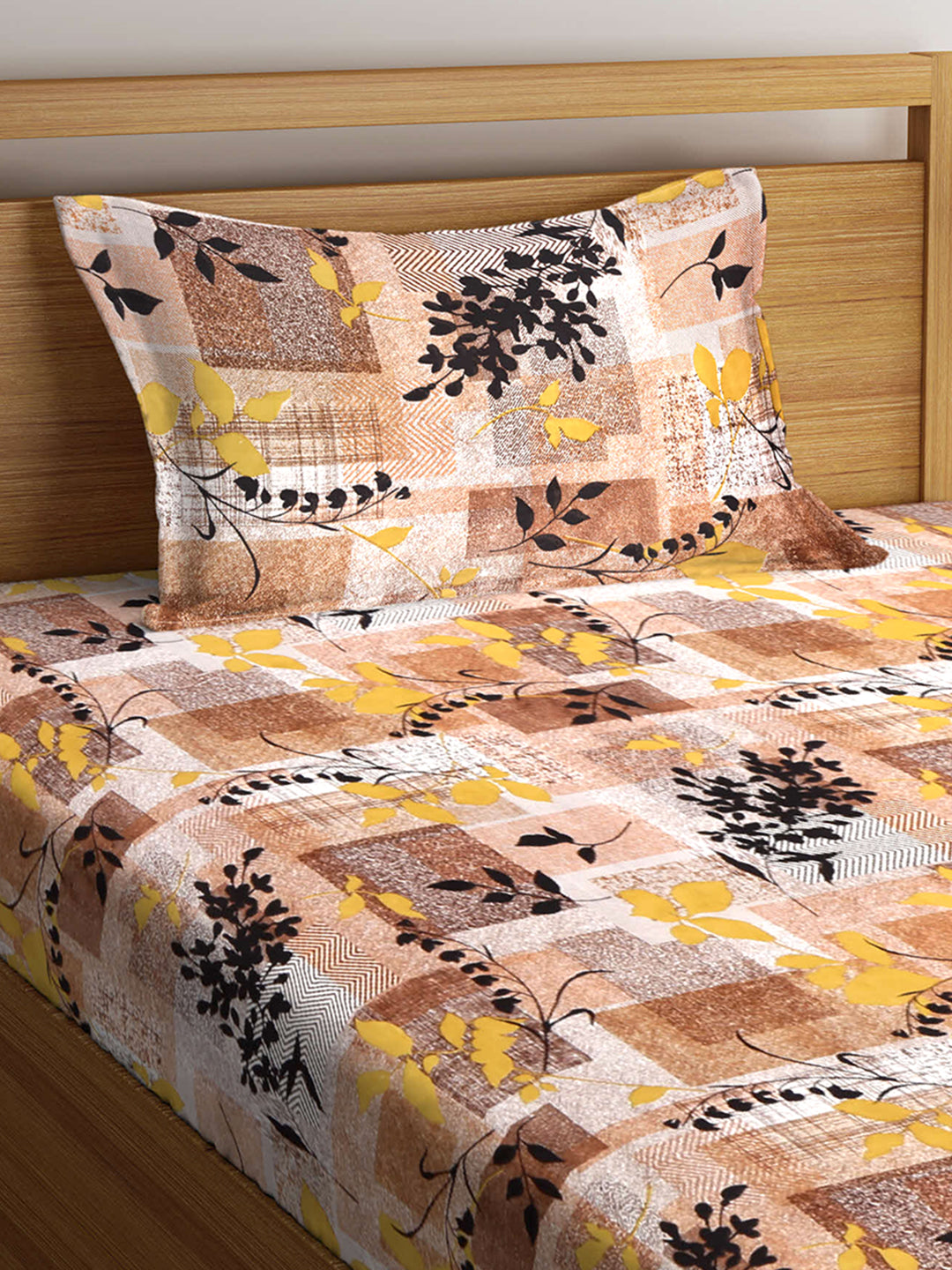 Arrabi Brown Floral TC Cotton Blend Single Size Fitted Bedsheet with 1 Pillow Cover (220 X 150 cm)