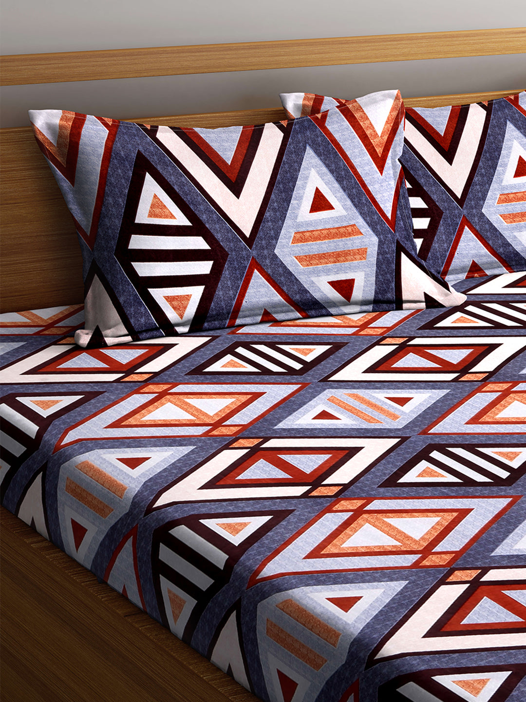 Arrabi Multi Geometric TC Cotton Blend Double Size Fitted Bedsheet with 2 Pillow Covers (250 X 220 cm)