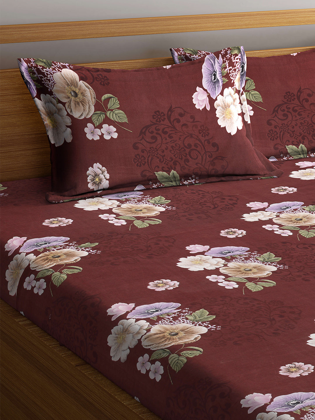Arrabi Brown Floral TC Cotton Blend Double Size Fitted Bedsheet with 2 Pillow Covers (250 X 220 cm)