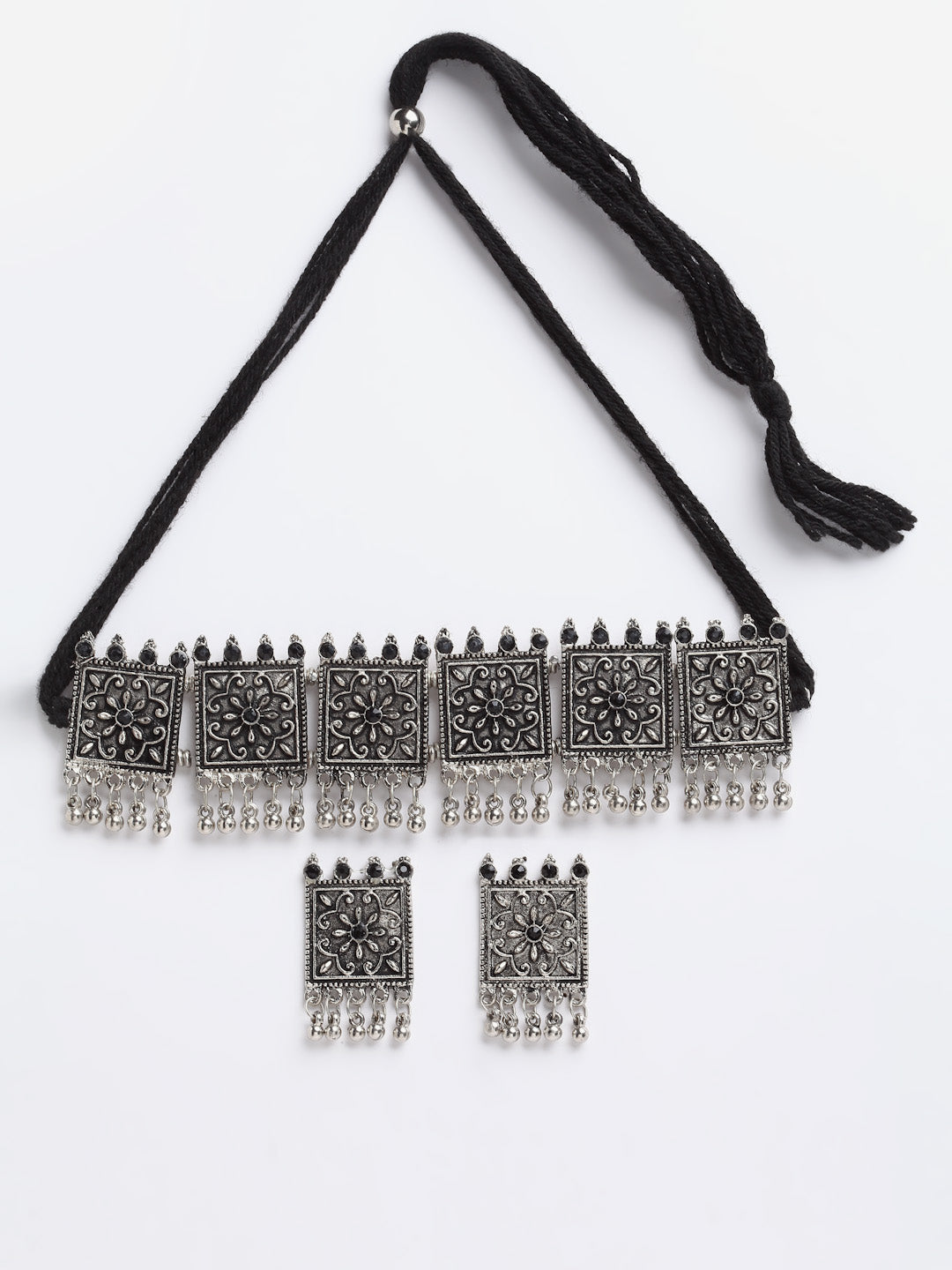 Arrabi Metallic Oxidised Jewellery Set with 2 Earrings (40 cm)