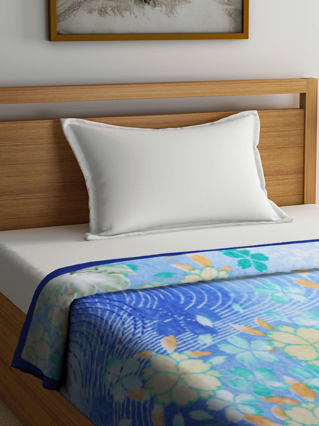 Arrabi Blue Floral Polyester 950 GSM Full Size Single Bed Blanket (210 X 150 cm)