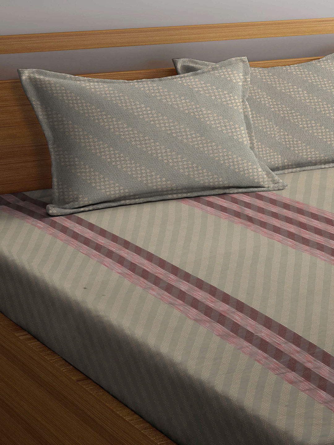 Arrabi Grey Stripes Handwoven Cotton Super King Size Bedsheet with 2 Pillow Covers (270 X 270 cm)