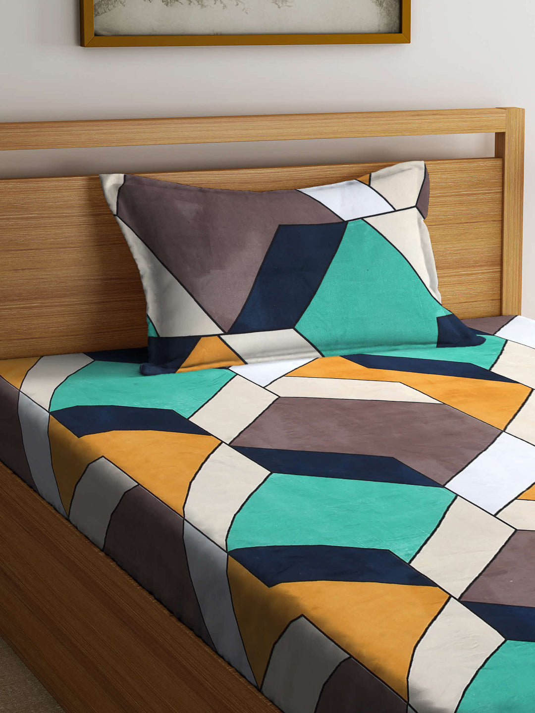 Arrabi Multi Geometric TC Cotton Blend Single Size Fitted Bedsheet with 1 Pillow Cover (220 X 150 cm)
