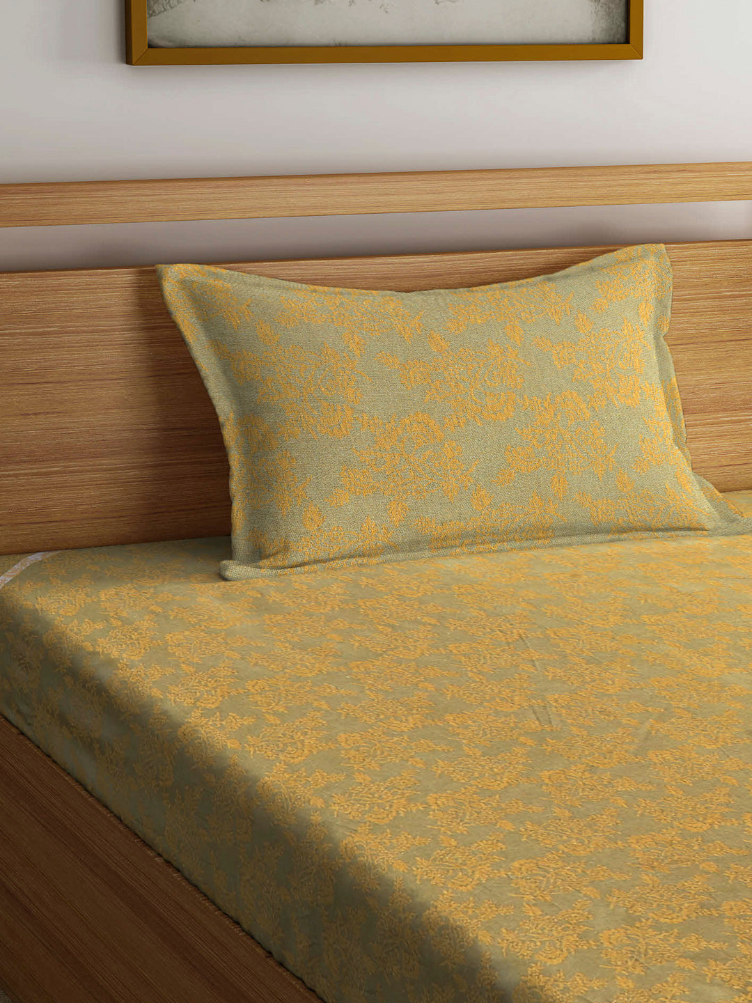 Arrabi Yellow Floral Handwoven Cotton Single Size Bedsheet with 1 Pillow Cover ( 225 X 150 cm)