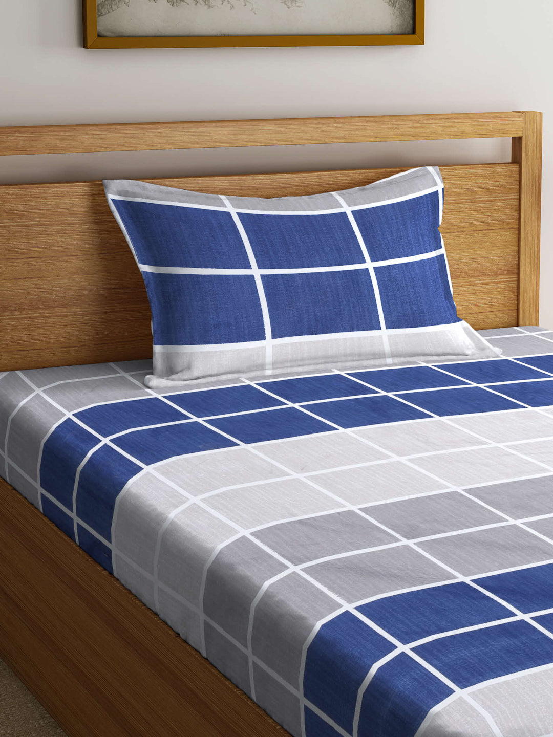Arrabi Blue Checks TC Cotton Blend Single Size Fitted Bedsheet with 1 Pillow Cover (220 X 150 cm)