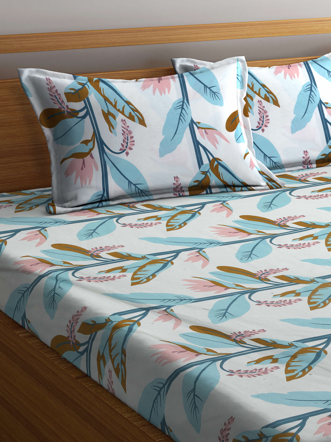 Arrabi Multi Leaf TC Cotton Blend King Size Fitted Bedsheet with 2 Pillow Covers (250 X 215 Cm )