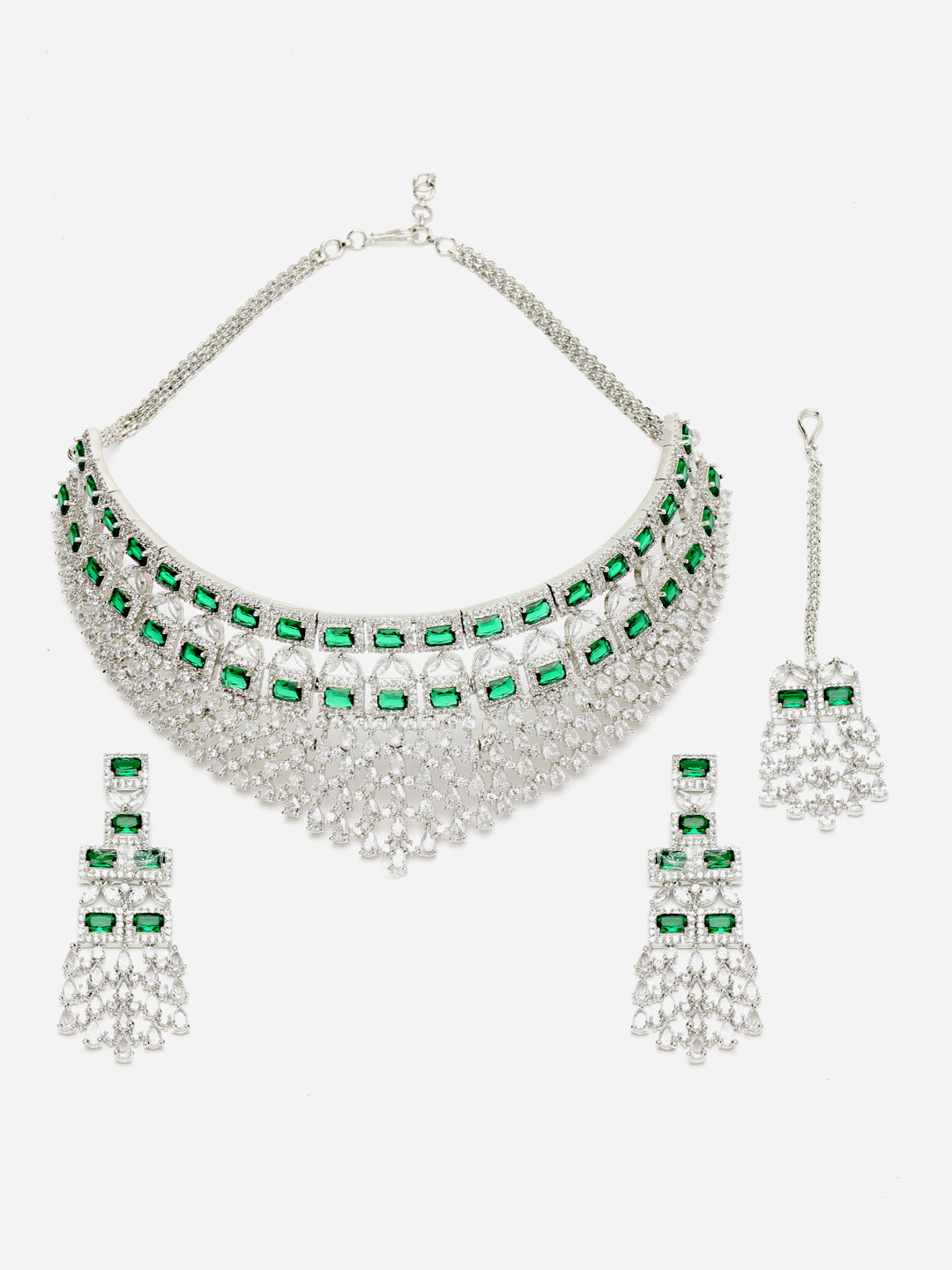 Arrabi Green American Diamond Jewellery Set with 2 Earrings and Tika(30 cm)