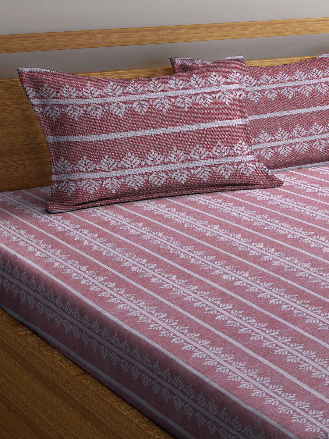 Arrabi Red Leaf Handwoven Cotton Super King Size Bedsheet with 2 Pillow Covers (270 X 270 cm)