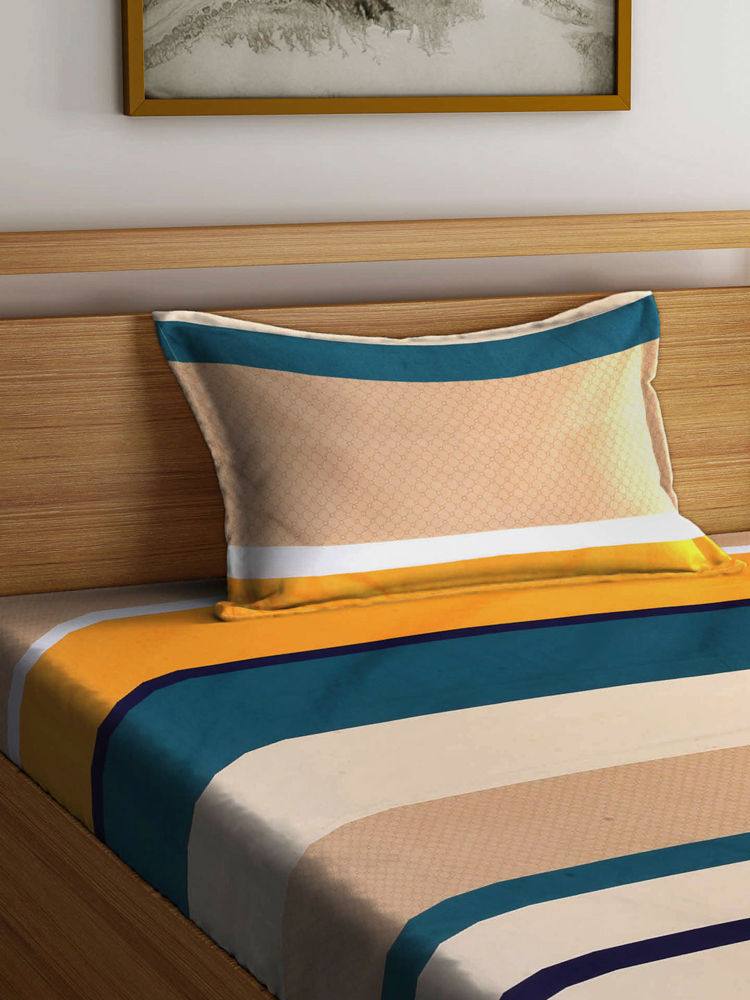 Arrabi Multi Stripes TC Cotton Blend Single Size Fitted Bedsheet with 1 Pillow Cover (220 X 150 cm)