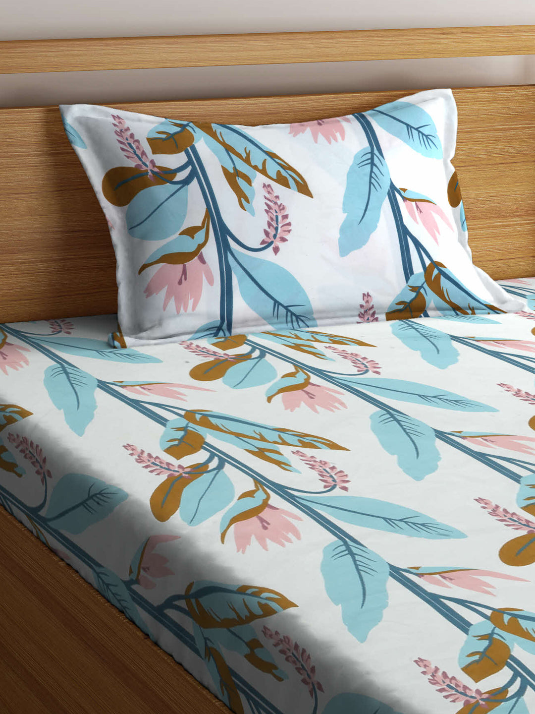Arrabi Multi Leaf TC Cotton Blend Single Size Fitted Bedsheet with 1 Pillow Cover (220 X 150 cm)