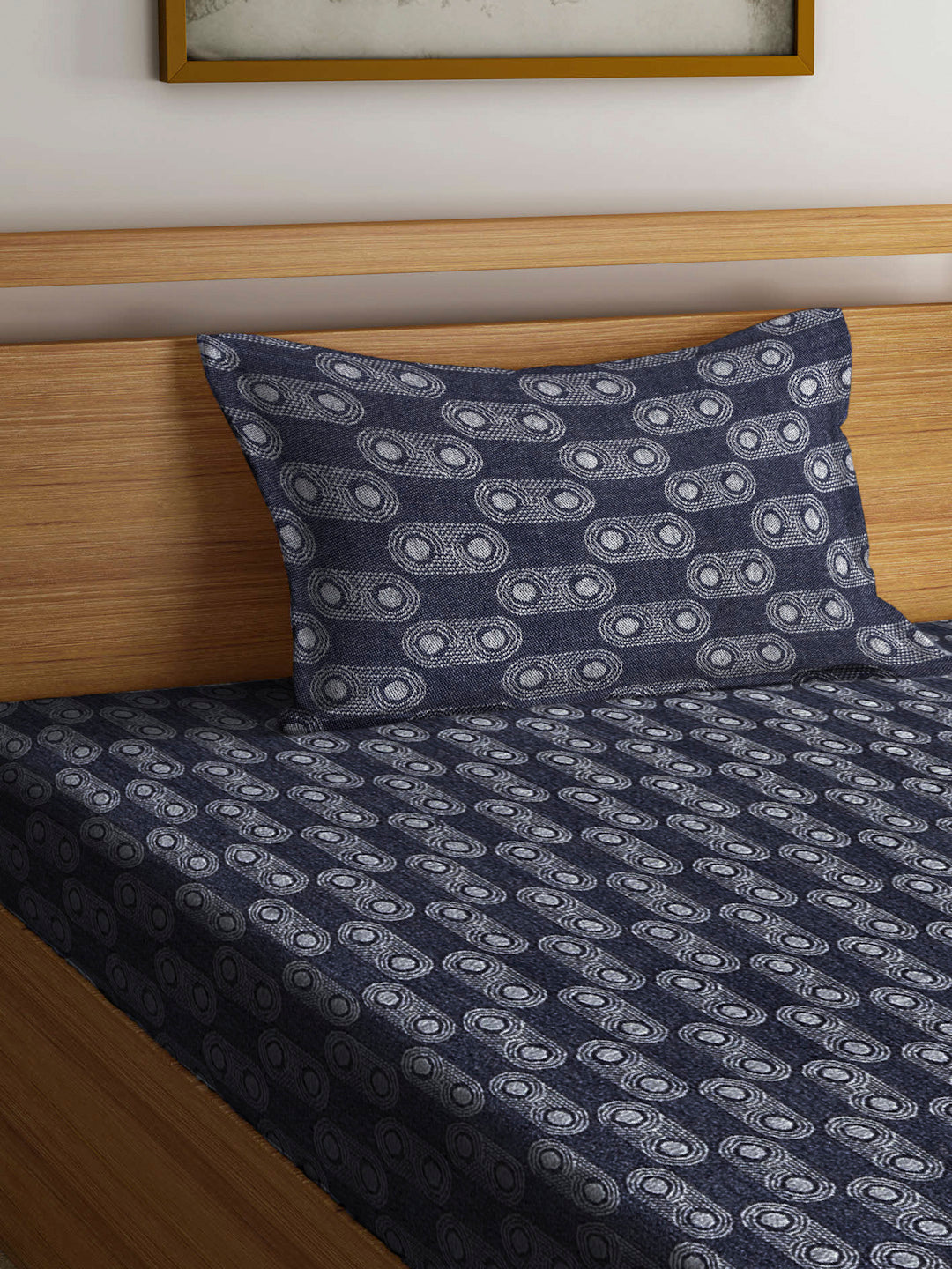 Arrabi Black Graphic Handwoven Cotton Single Size Bedsheet with 1 Pillow Cover ( 225 X 150 cm)