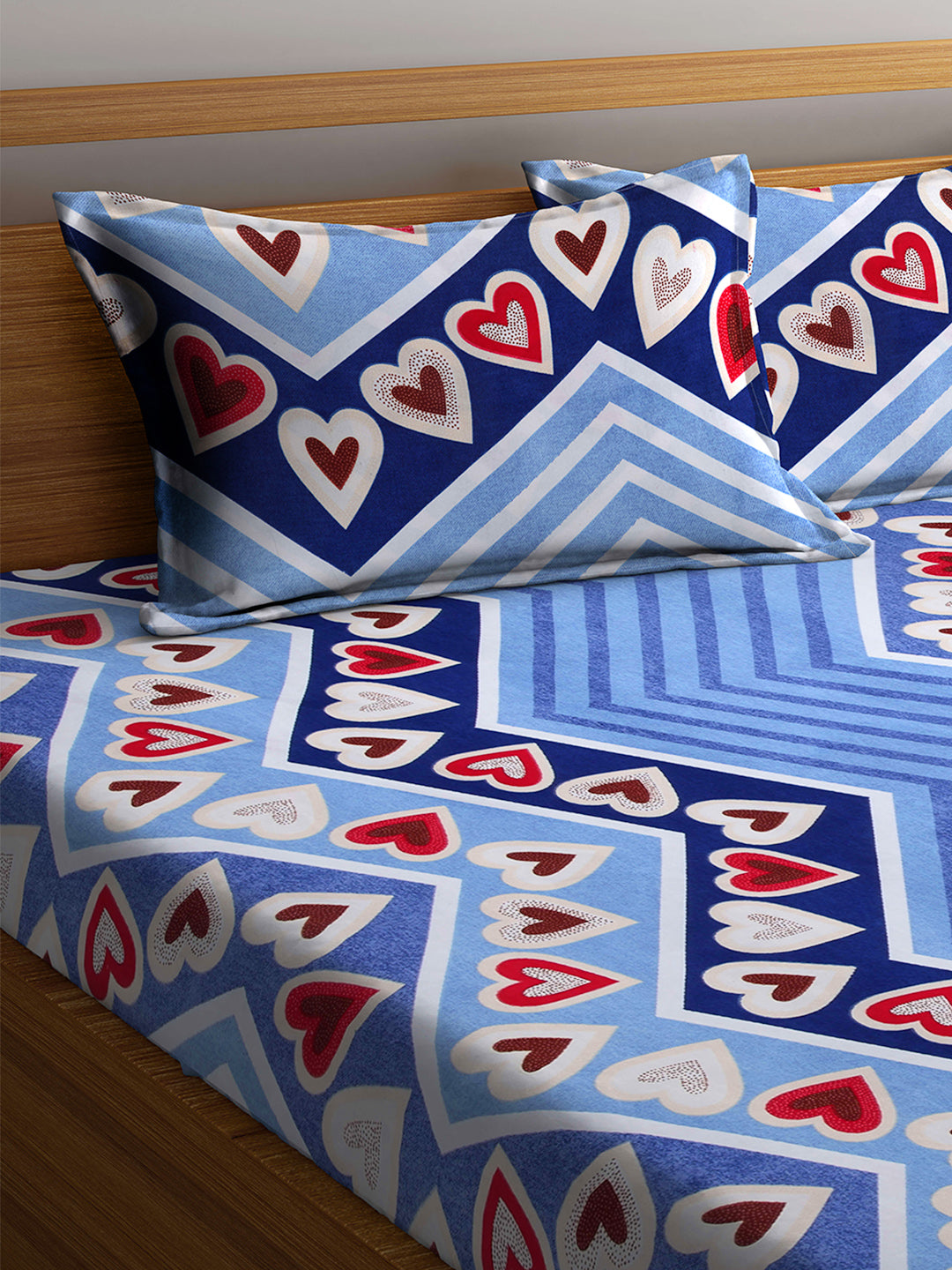 Arrabi Blue Graphic TC Cotton Blend Double Size Fitted Bedsheet with 2 Pillow Covers (250 X 220 cm)
