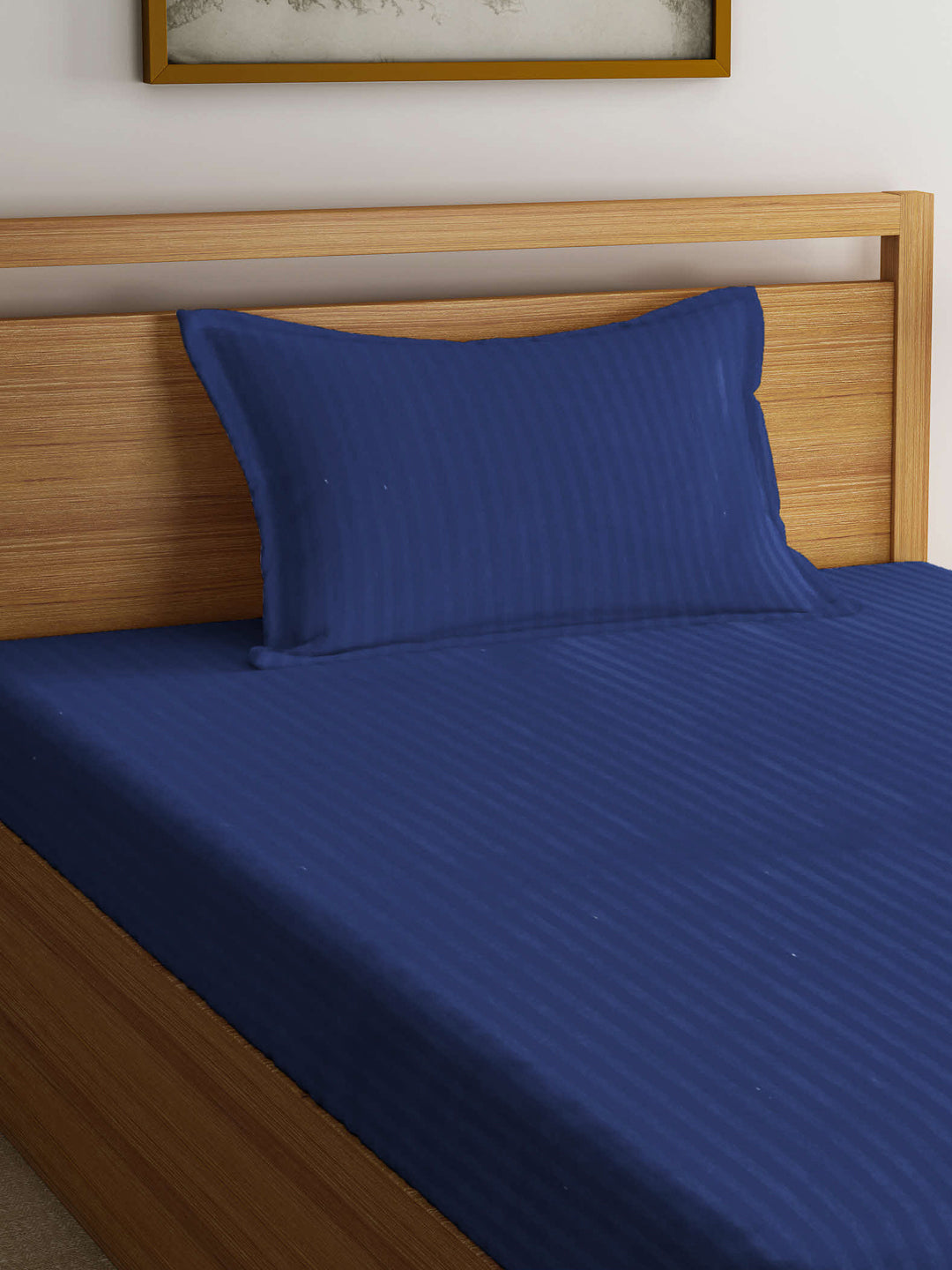 Arrabi Blue Stripes TC Cotton Blend Single Size Fitted Bedsheet with 1 Pillow Cover (220 X 150 cm)