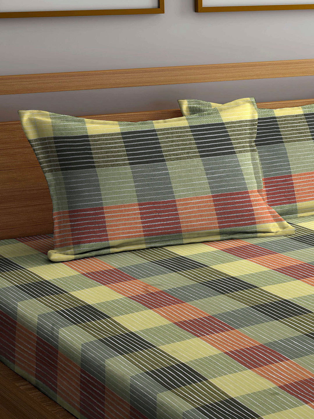 Arrabi Multi Checks Handwoven Cotton Super King Size Bedsheet with 2 Pillow Covers (270 X 270 cm)