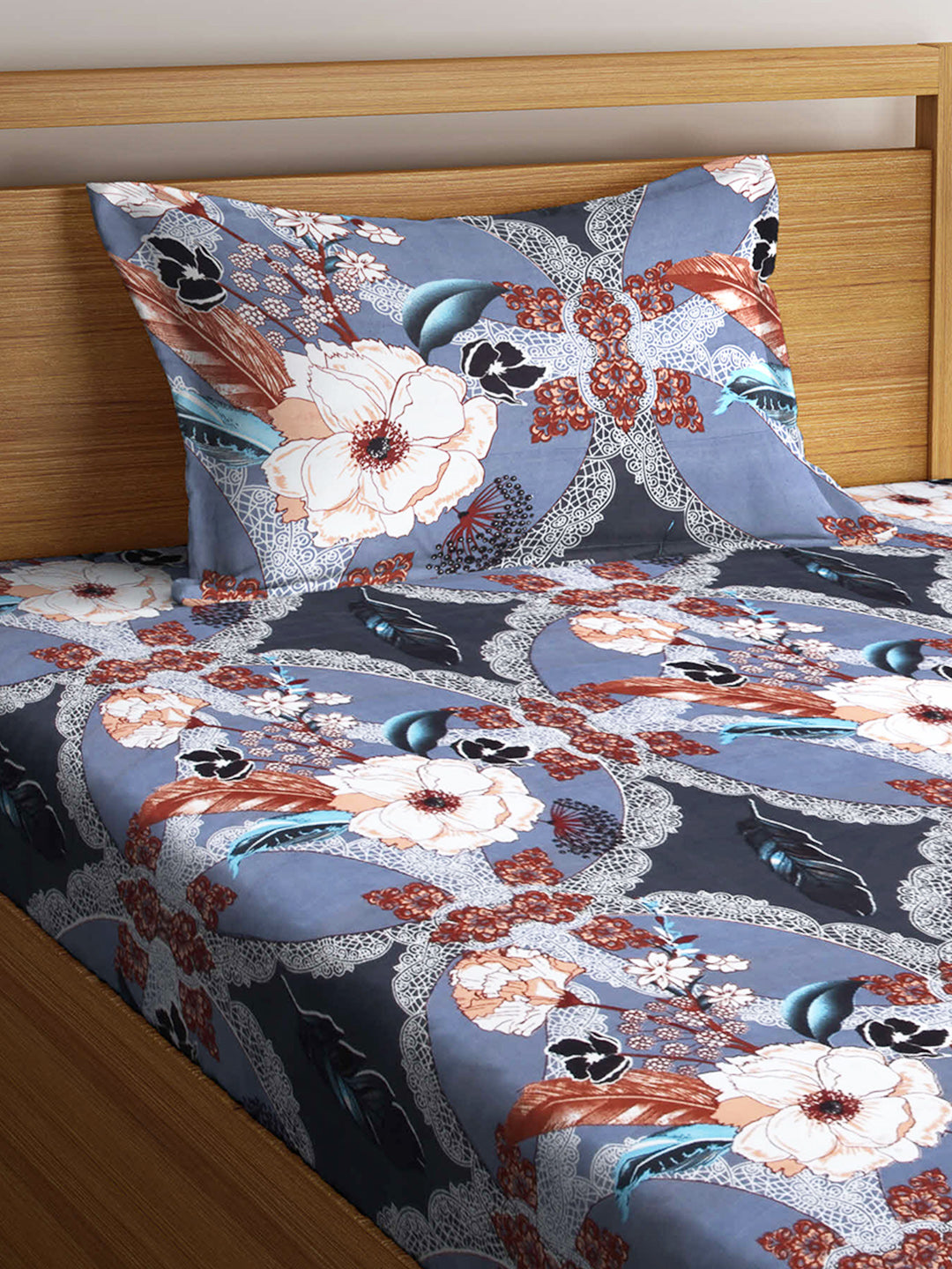 Arrabi Multi Floral TC Cotton Blend Single Size Fitted Bedsheet with 1 Pillow Cover (220 X 150 cm)