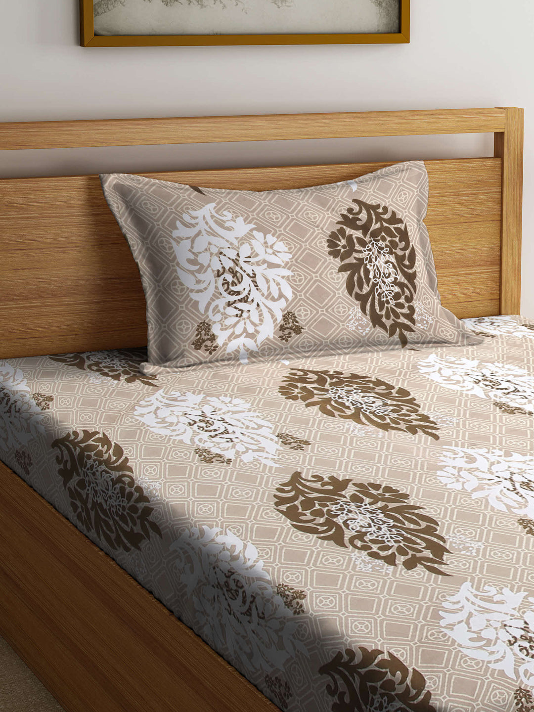 Arrabi Brown Indian TC Cotton Blend Single Size Fitted Bedsheet with 1 Pillow Cover (220 X 150 cm)