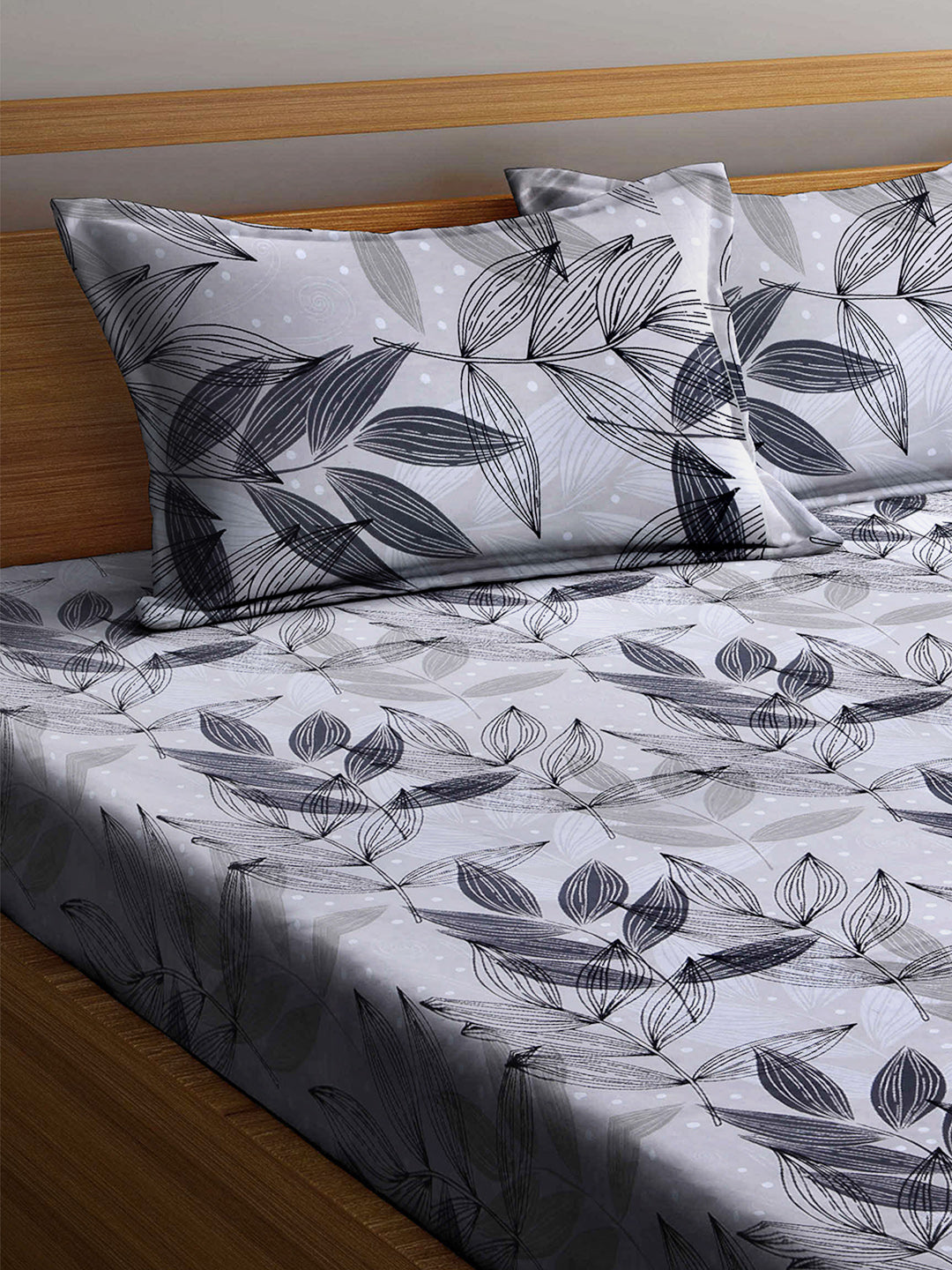 Arrabi Grey Leaf 100% Cotton King Size Double Bedsheet with 2 Pillow Covers (250 X 215 cm)