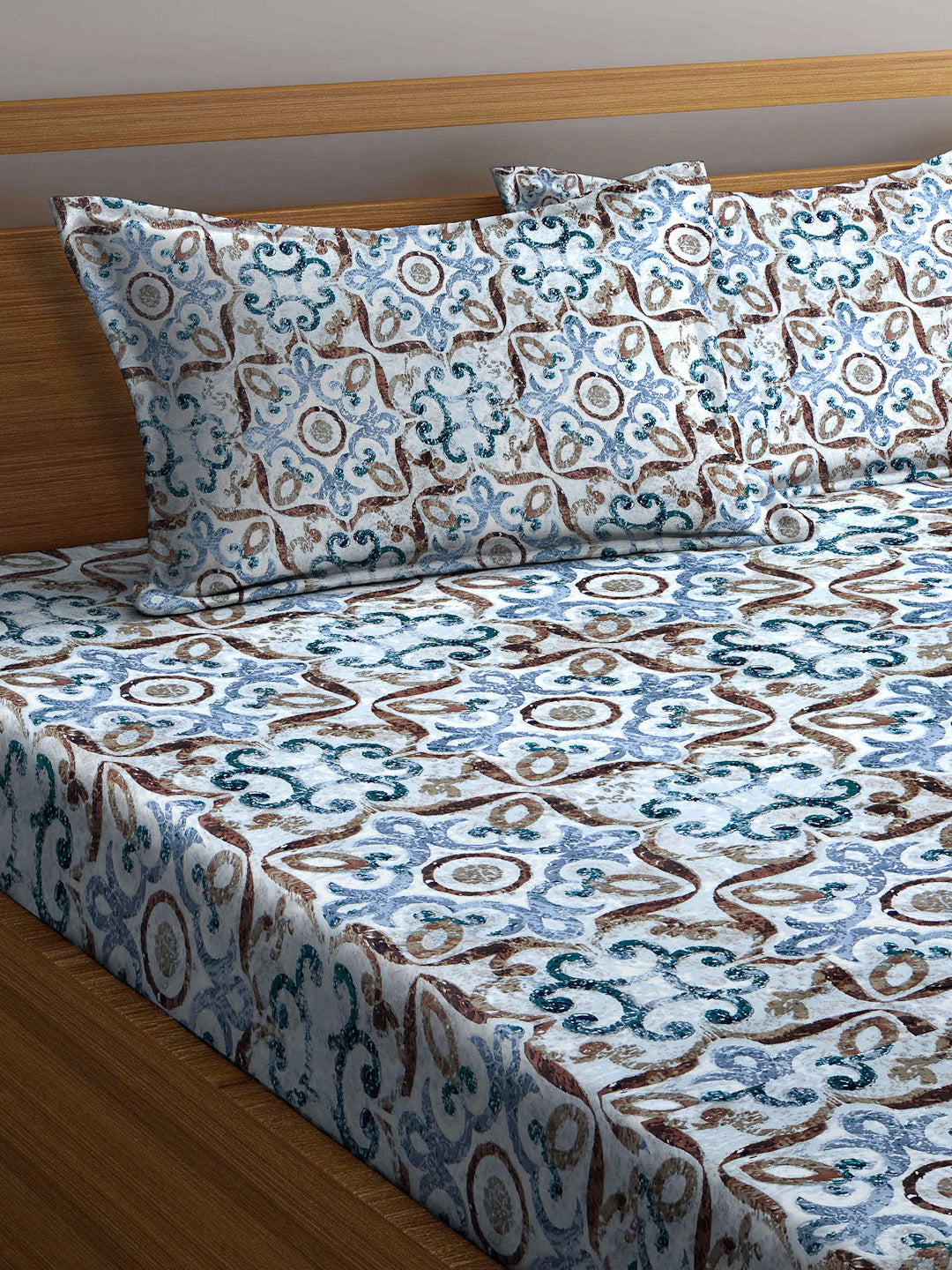 Arrabi Multi Indian TC Cotton Blend Double Size Bedsheet with 2 Pillow Covers (250 x 220 cm)