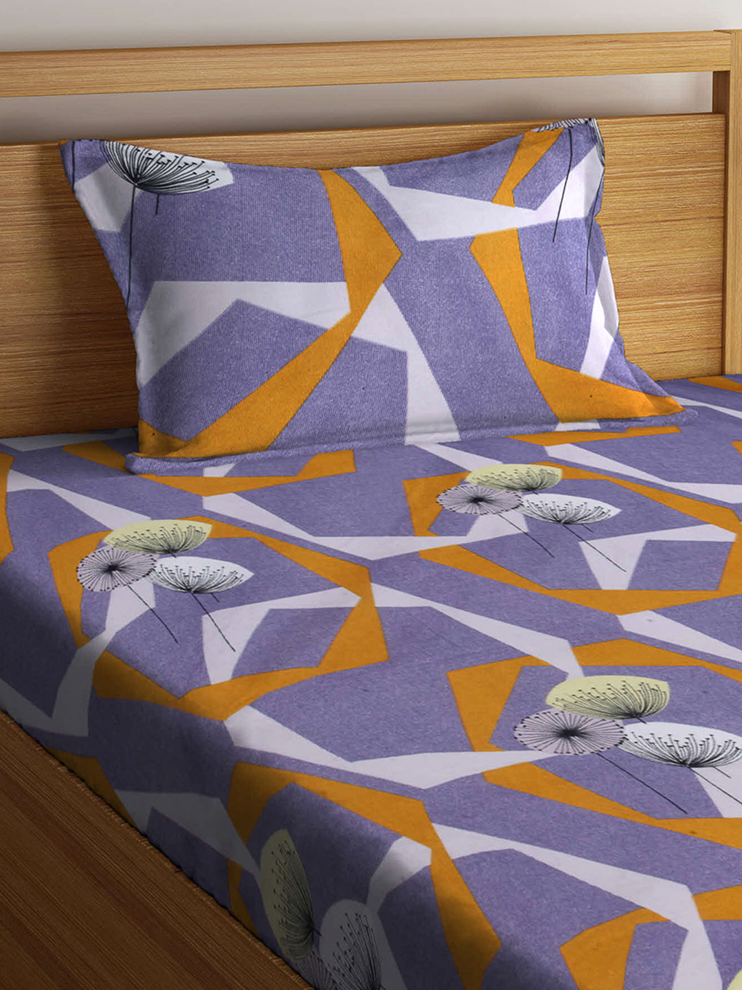 Arrabi Grey Graphic TC Cotton Blend Single Size Fitted Bedsheet with 1 Pillow Cover (220 X 150 cm)
