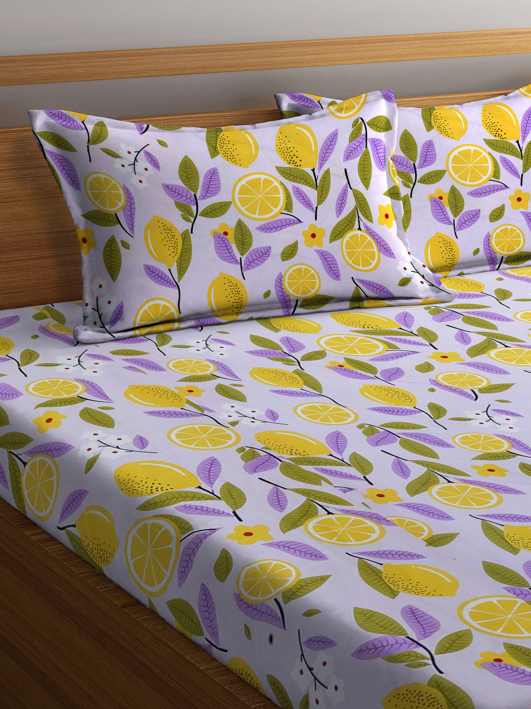 Arrabi Purple Leaf TC Cotton Blend King Size Bedsheet with 2 Pillow Covers (250 X 215 cm)