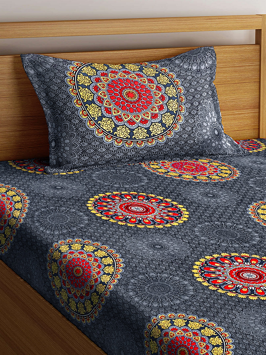 Arrabi Grey Indian TC Cotton Blend Single Size Fitted Bedsheet with 1 Pillow Cover (220 X 150 cm)