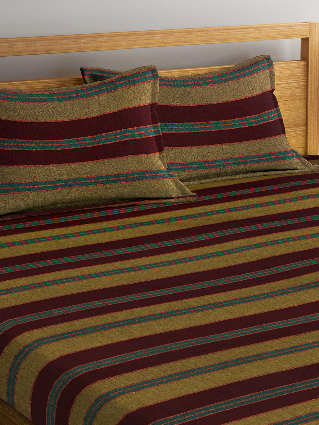 Arrabi Brown & Green Striped Handwoven Cotton Double King Size Bedsheet with 2 Pillow Covers (260 x 260 cm)